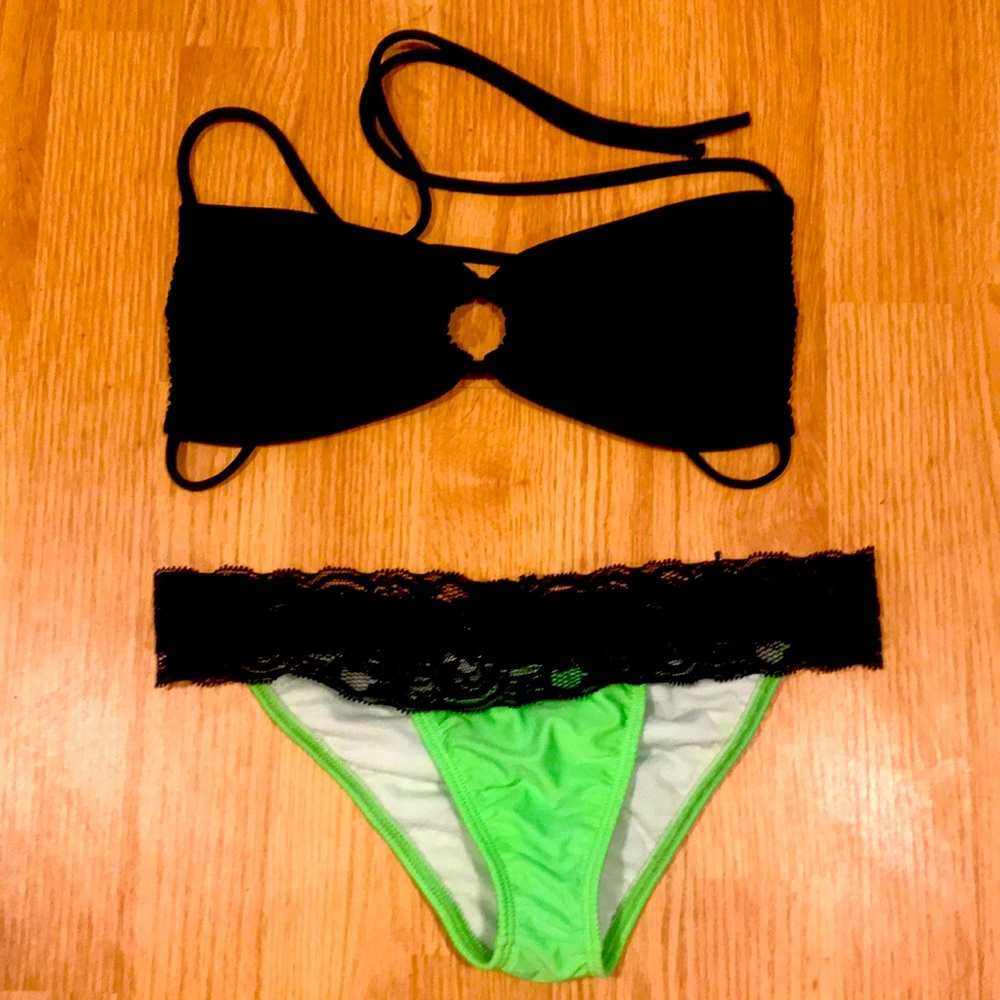 Black top/lime green with black lace bottoms bikini - both size medium